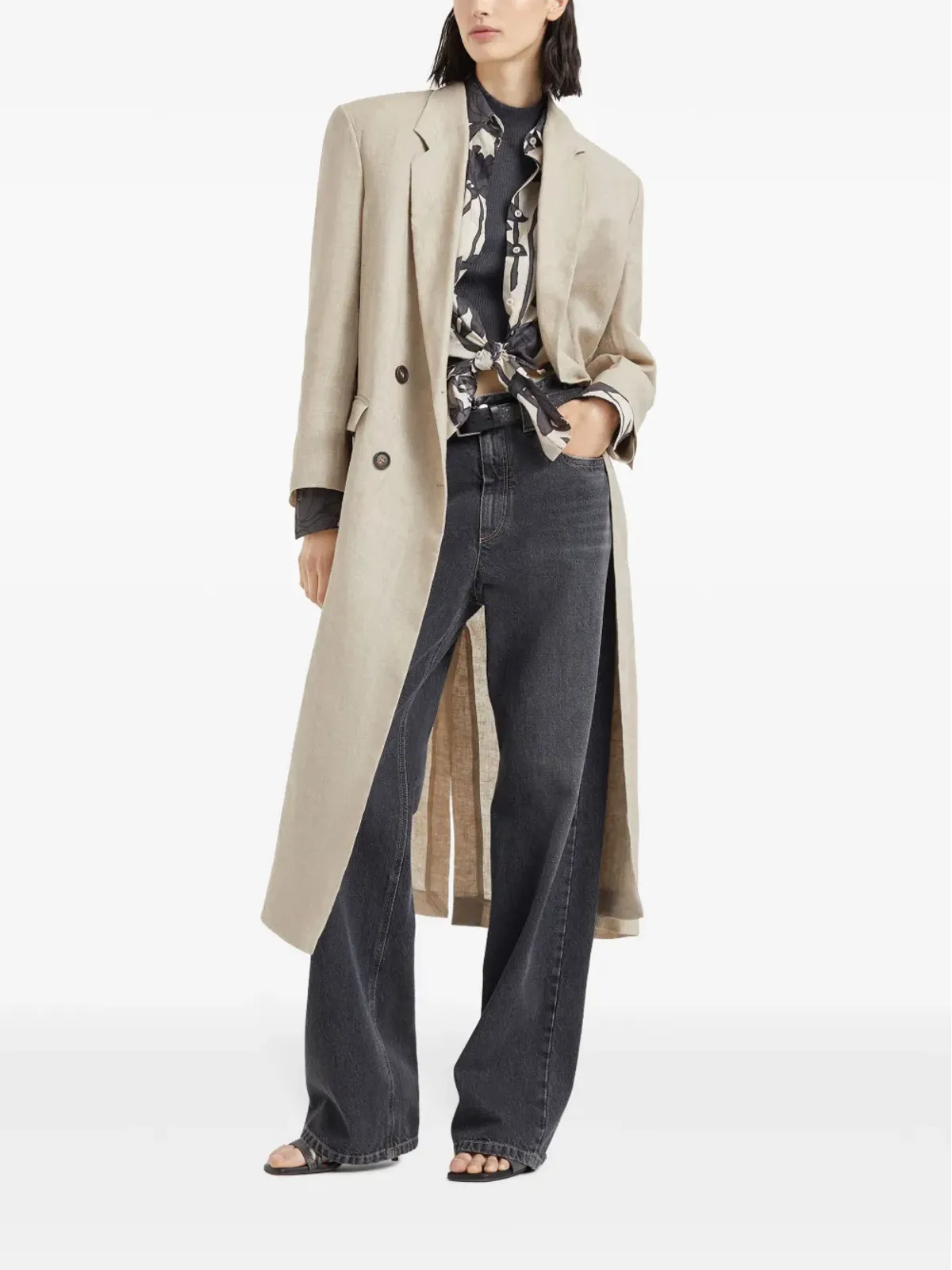 Brunello Cucinelli ロールネック・リブ編みジャージートップ（グレー） - 画像2