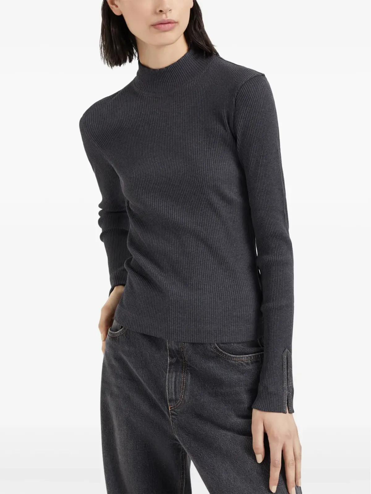Brunello Cucinelli ロールネック・リブ編みジャージートップ（グレー） - 画像3