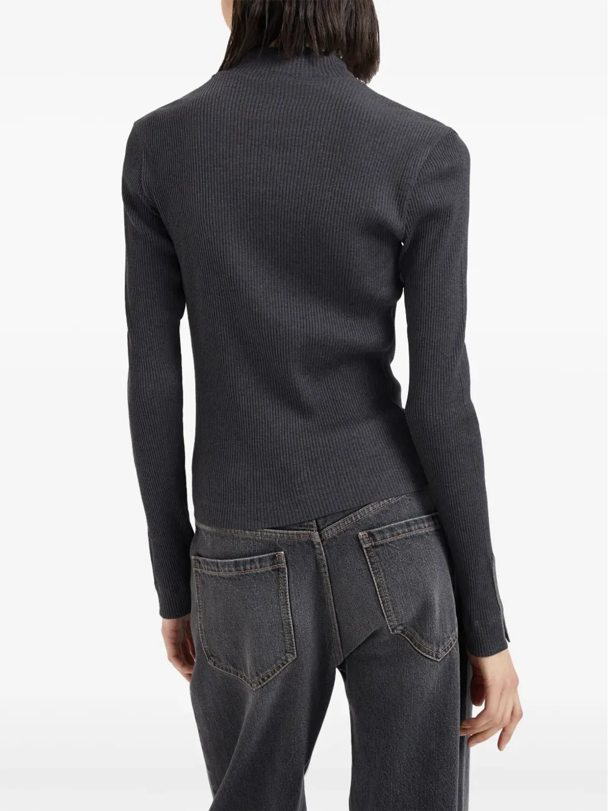 Brunello Cucinelli ロールネック・リブ編みジャージートップ（グレー） - 画像4