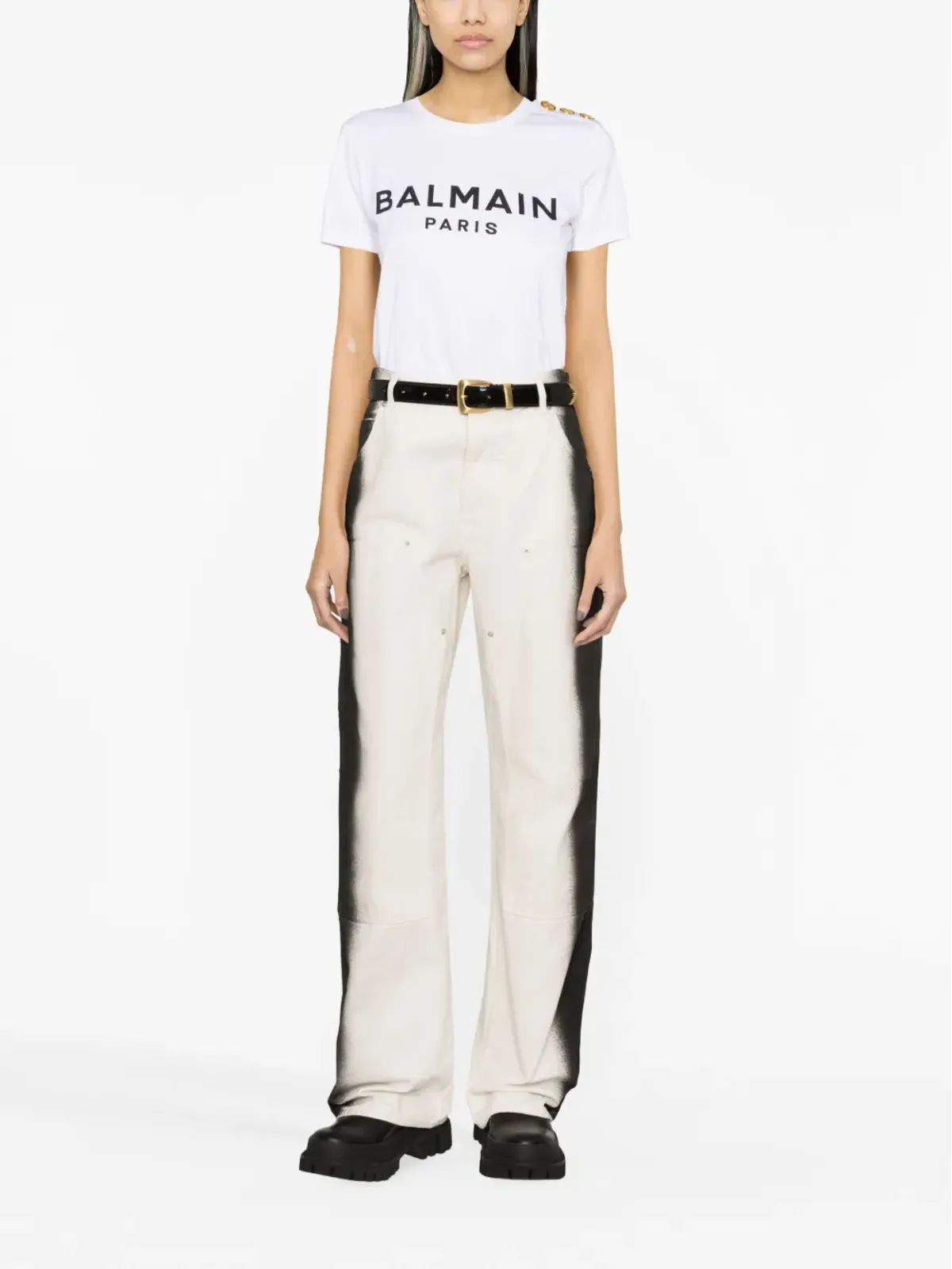 Balmain ボタン装飾 ロゴプリント Tシャツ - White - 画像2