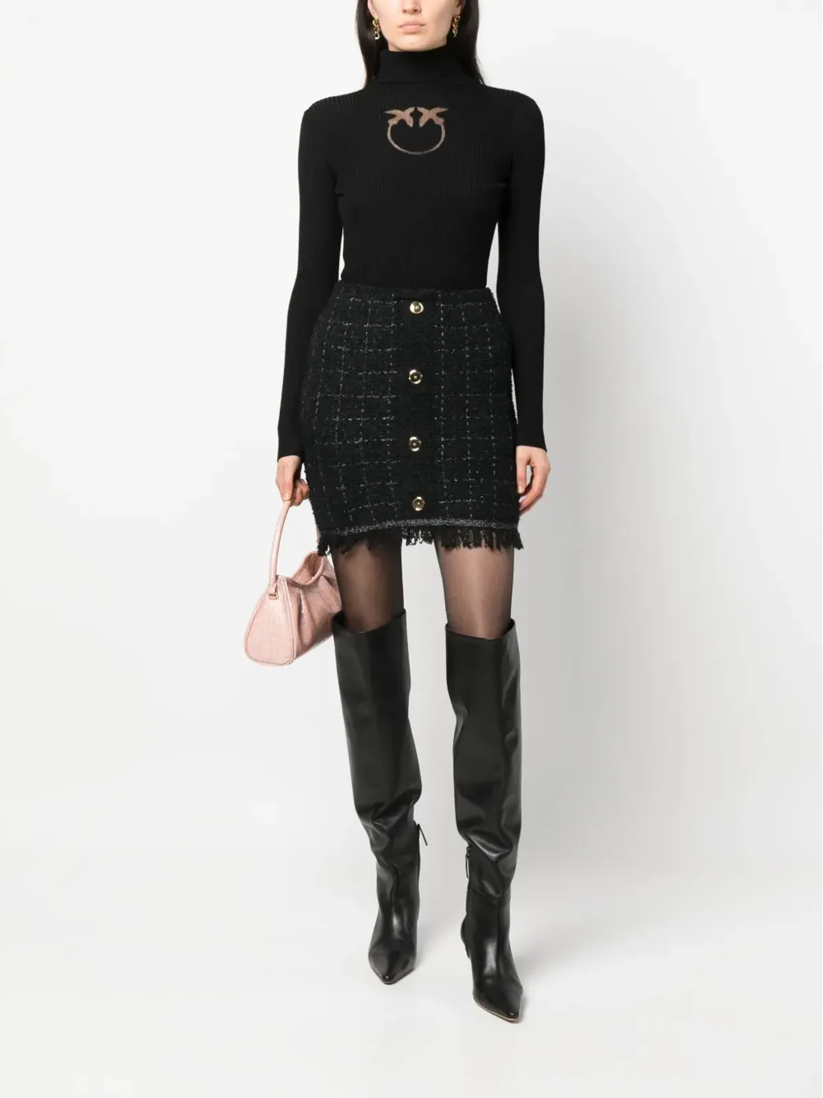 PINKO インターシャニット ロゴ ロールネック セーター ブラック - 画像2