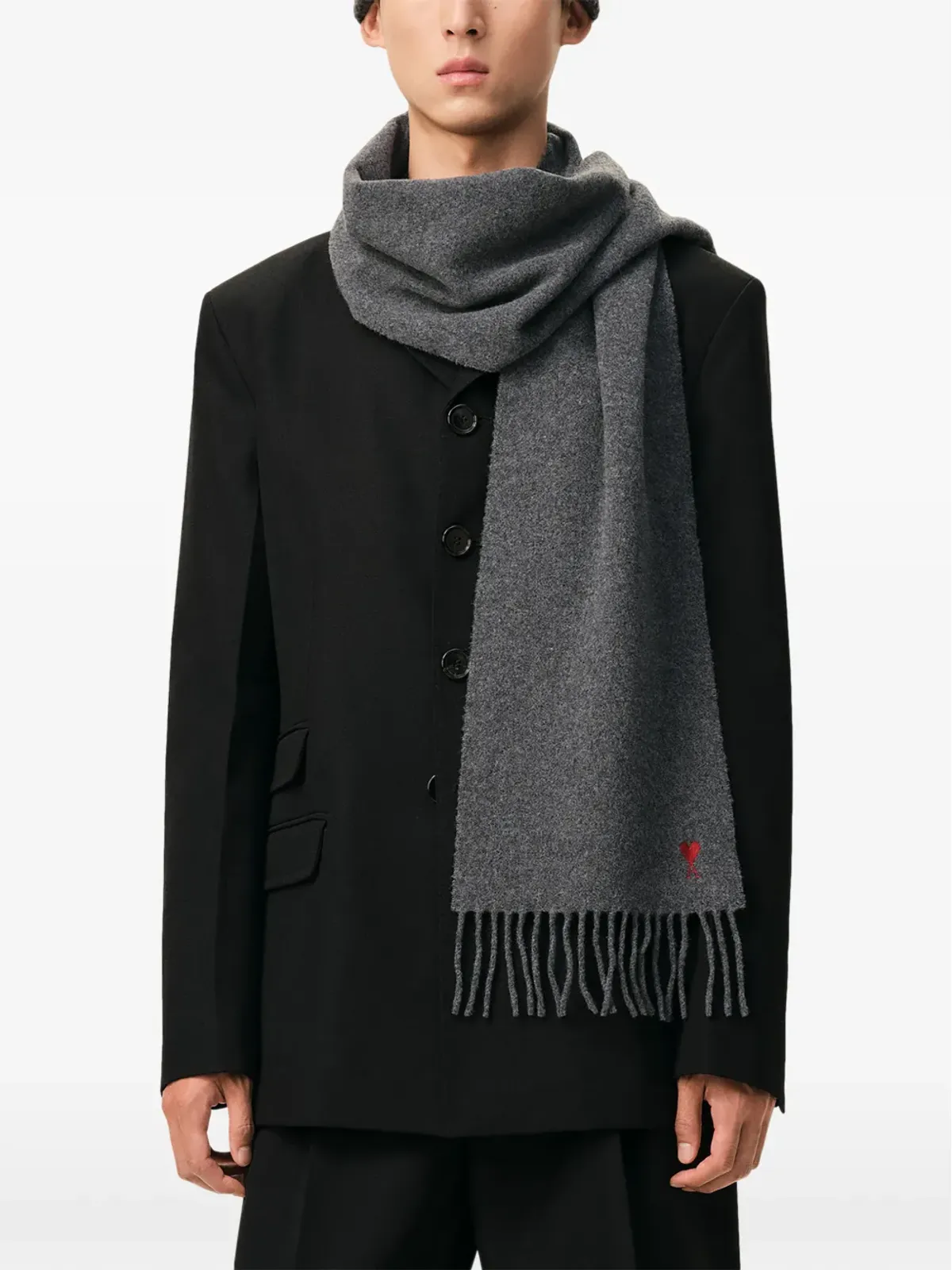 AMI Paris de Coeur monogram fringed logo-embroidered scarf - Grey - 画像3