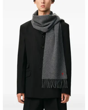 AMI Paris de Coeur monogram fringed logo-embroidered scarf - Grey - サムネイル3