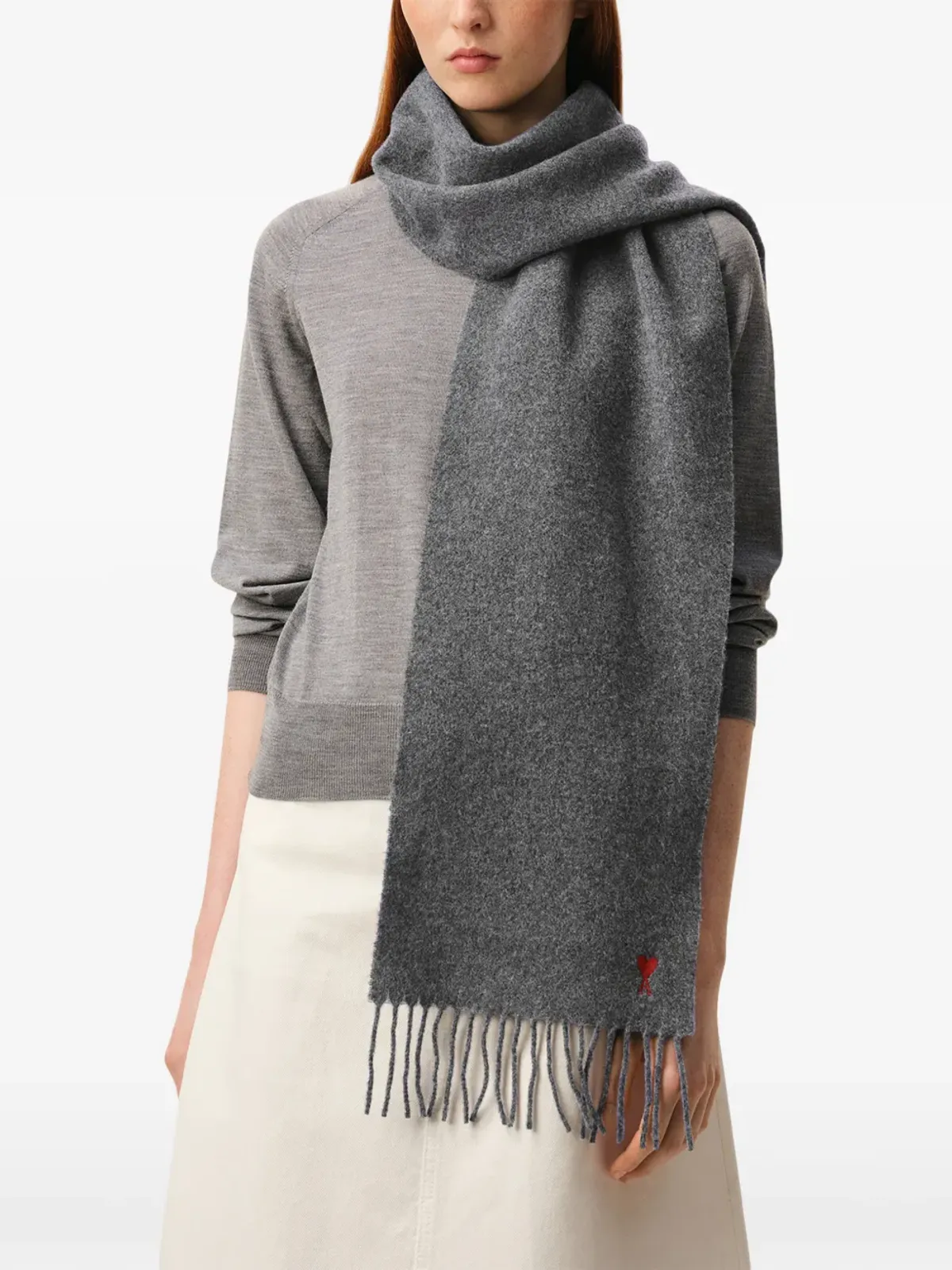 AMI Paris de Coeur monogram fringed logo-embroidered scarf - Grey - 画像4