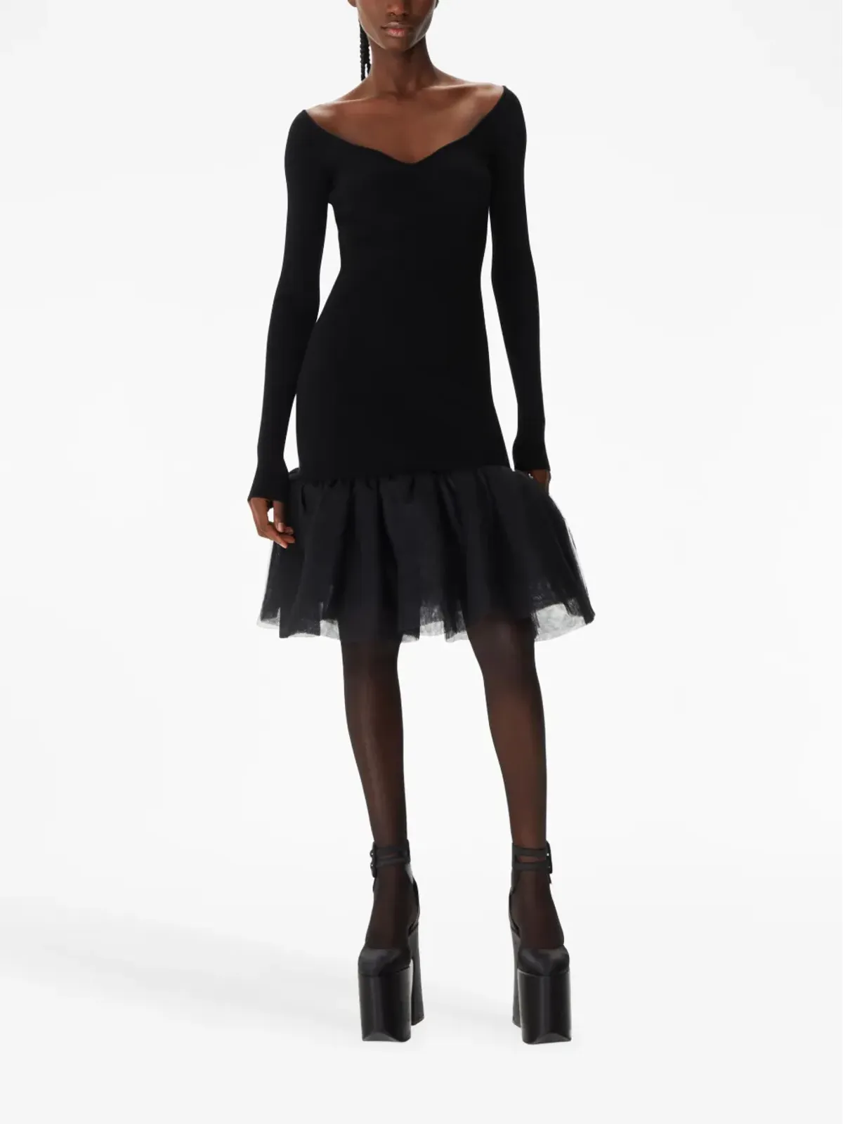 Nina Ricci ブラックのスウィートハートネック チュールパネル ドレス - 画像2