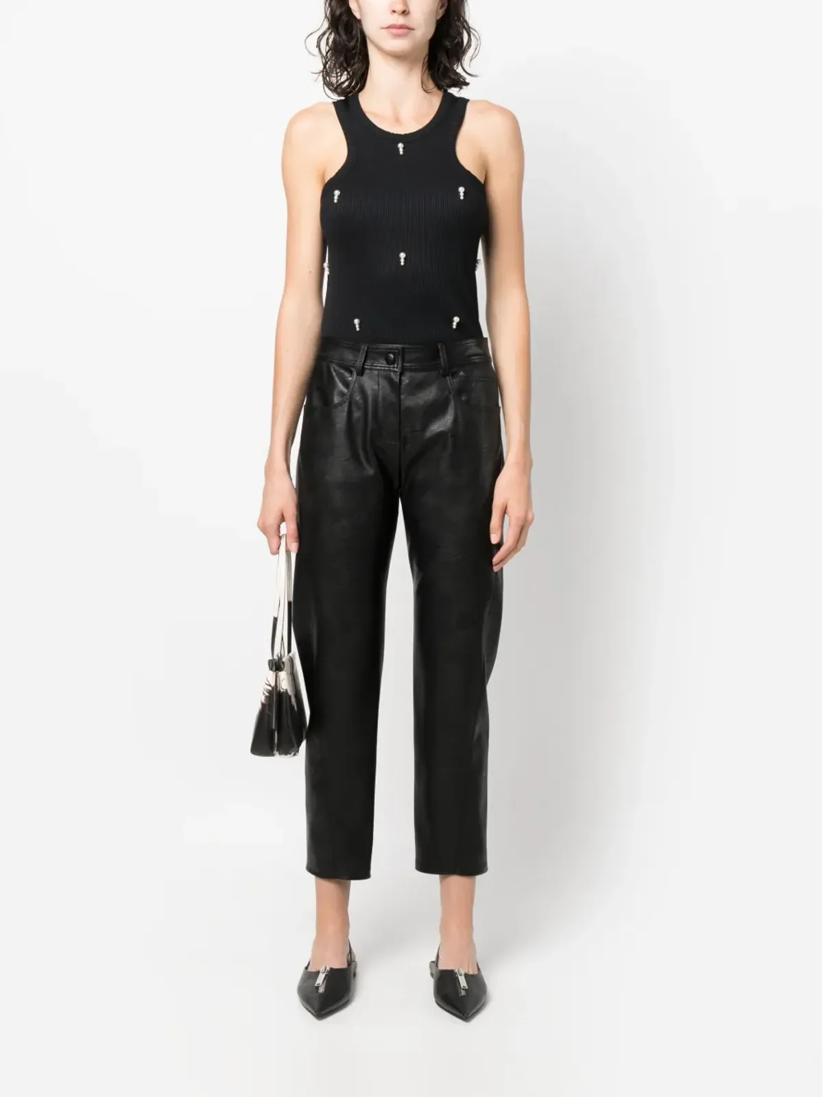 Stella McCartney パール付きリブ編みタンクトップ ブラック - 画像2