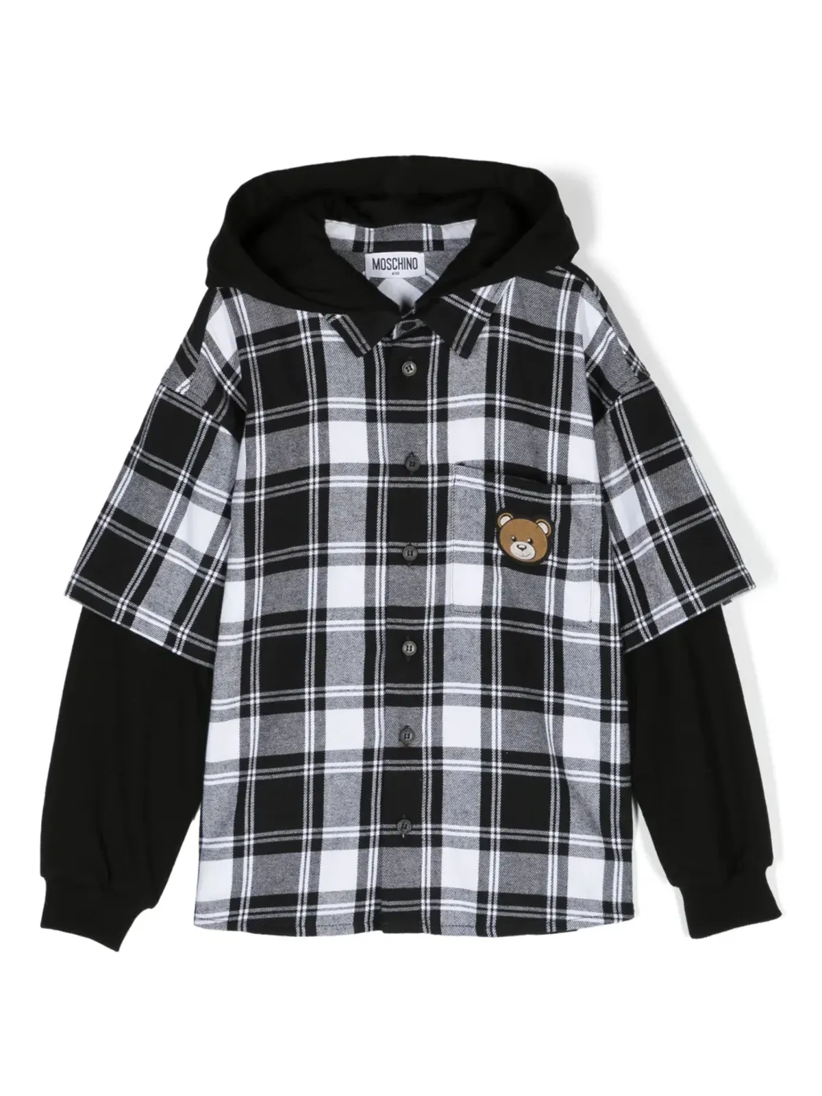 Moschino Kids テディベア・パッチ付きフード付きチェックシャツ - 画像1