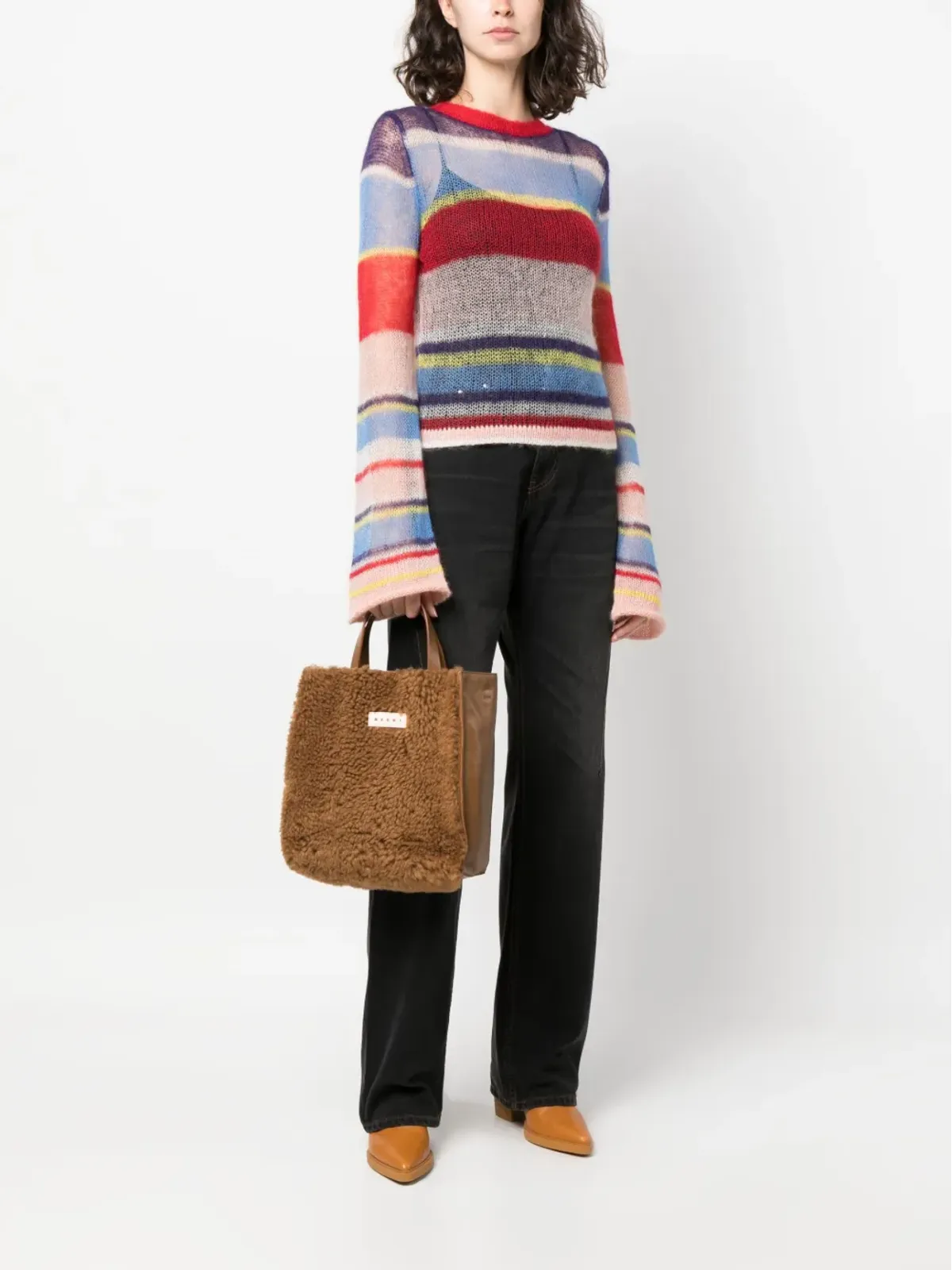 Marni ロゴパッチシアリング トートバッグ - ブラウン - 画像2
