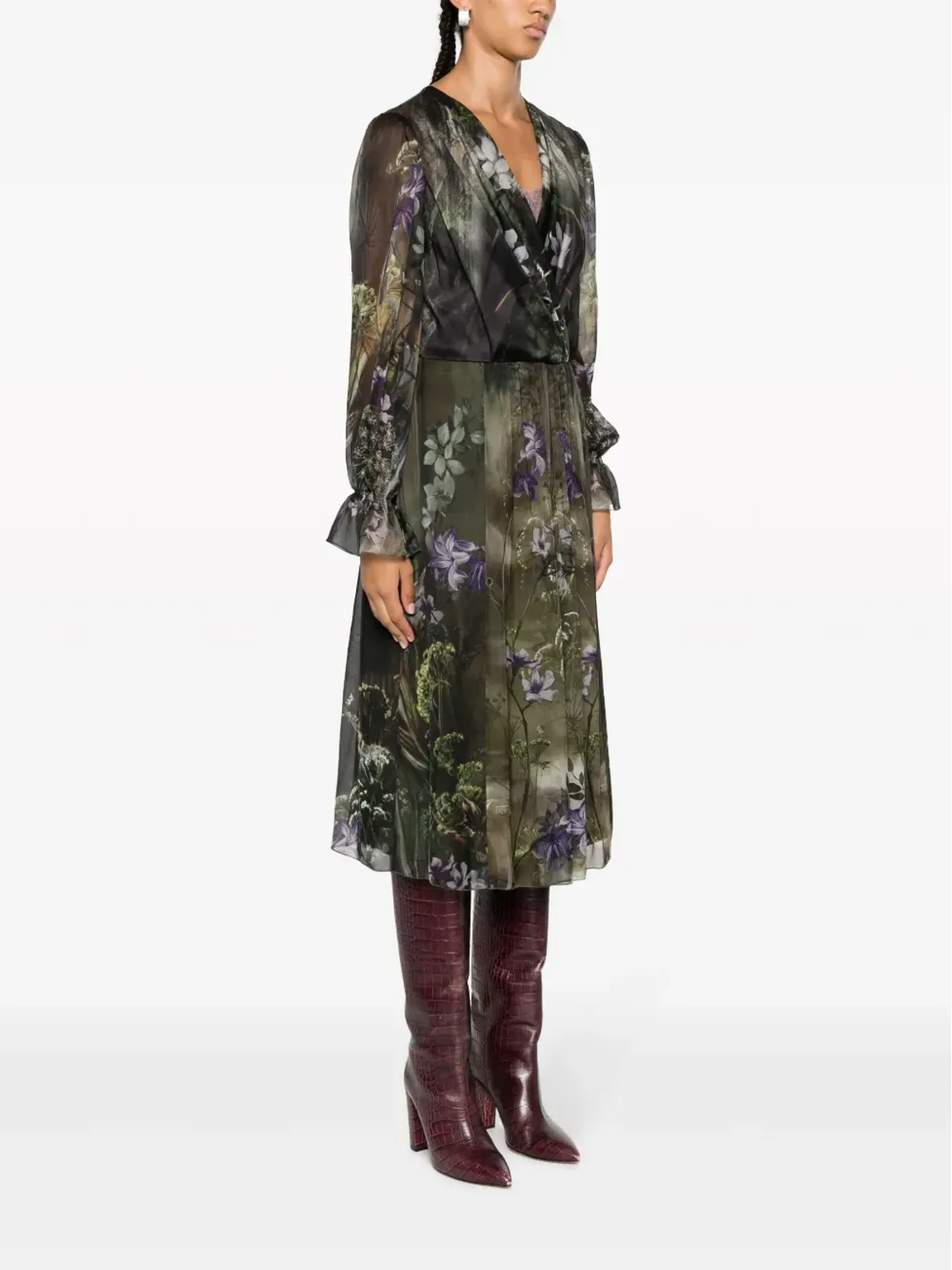 Alberta Ferretti 花柄プリント シルク ミディドレス - 画像3