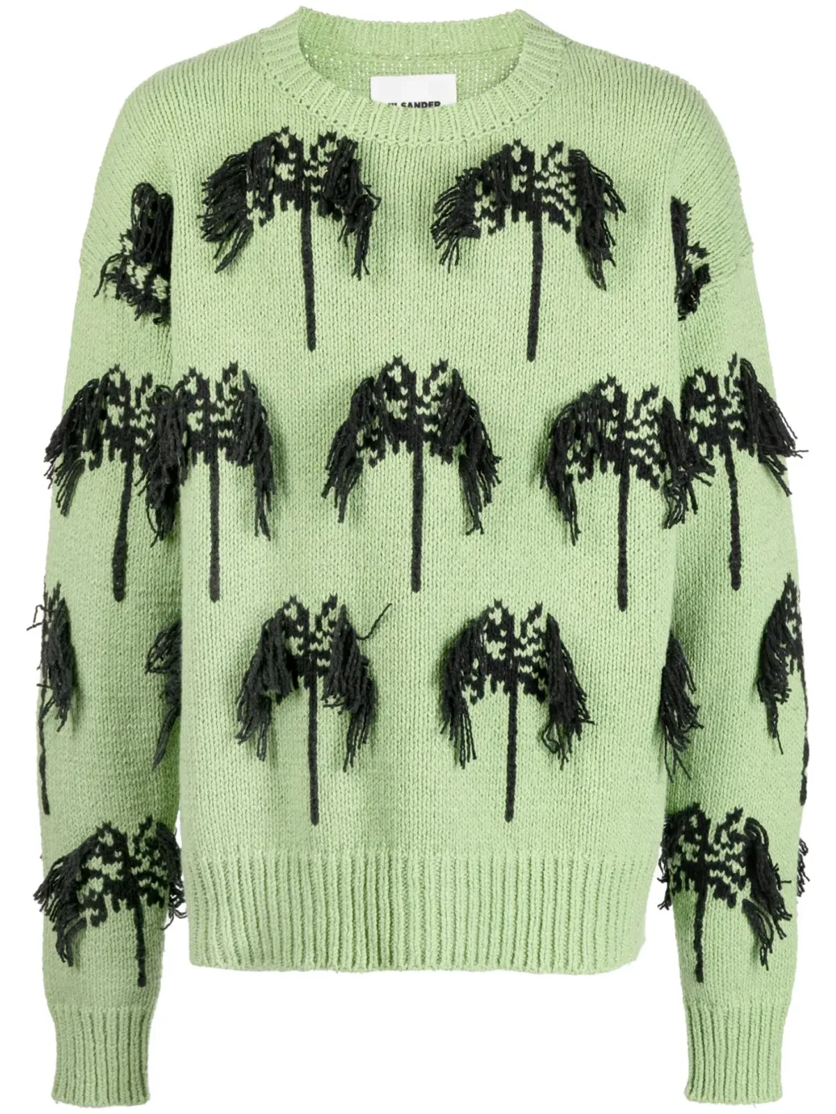 Jil Sander インターシャ編みのフリンジ付き コットン混紡 ジャンパー グリーン - 画像1