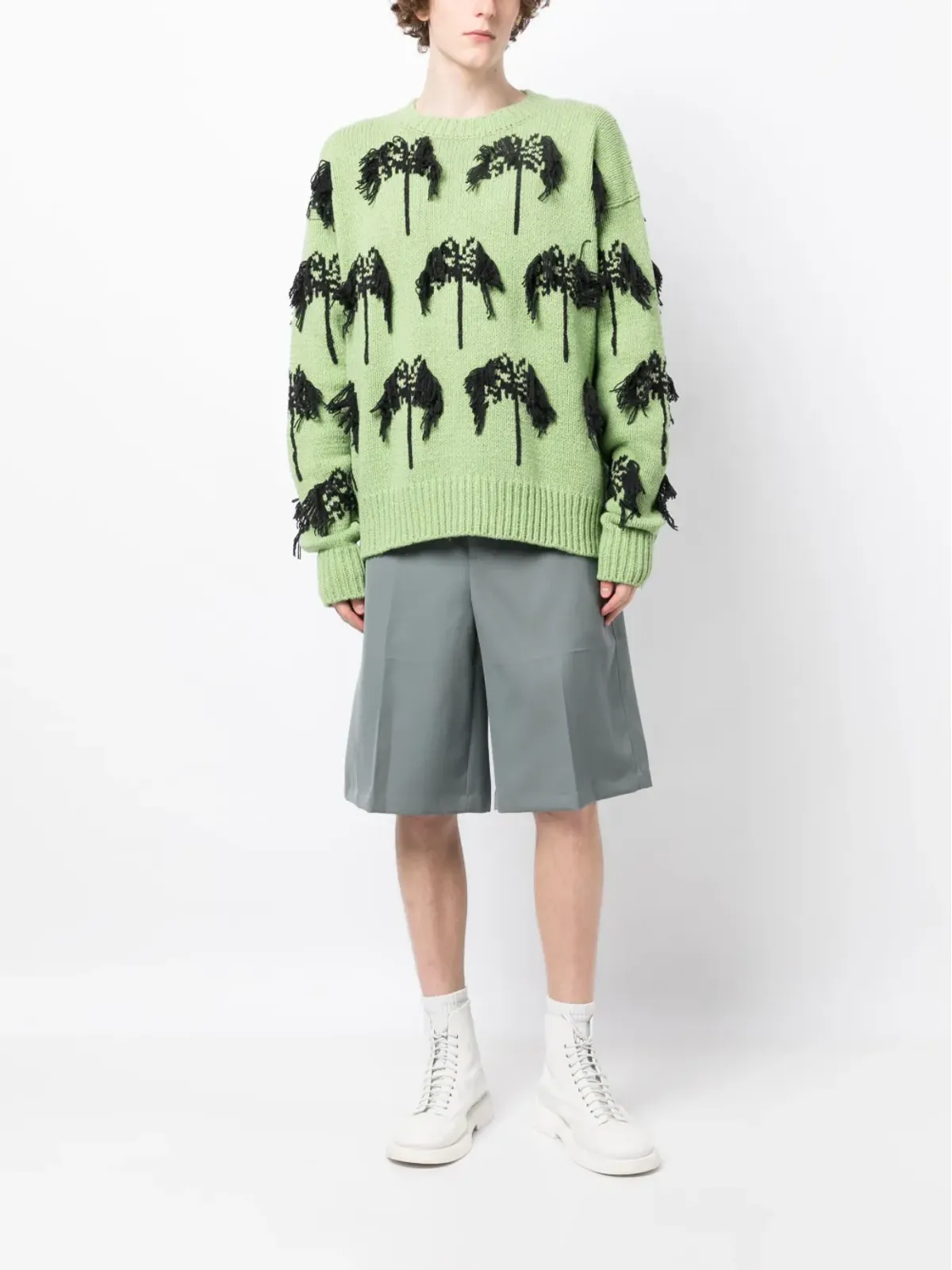 Jil Sander インターシャ編みのフリンジ付き コットン混紡 ジャンパー グリーン - 画像2