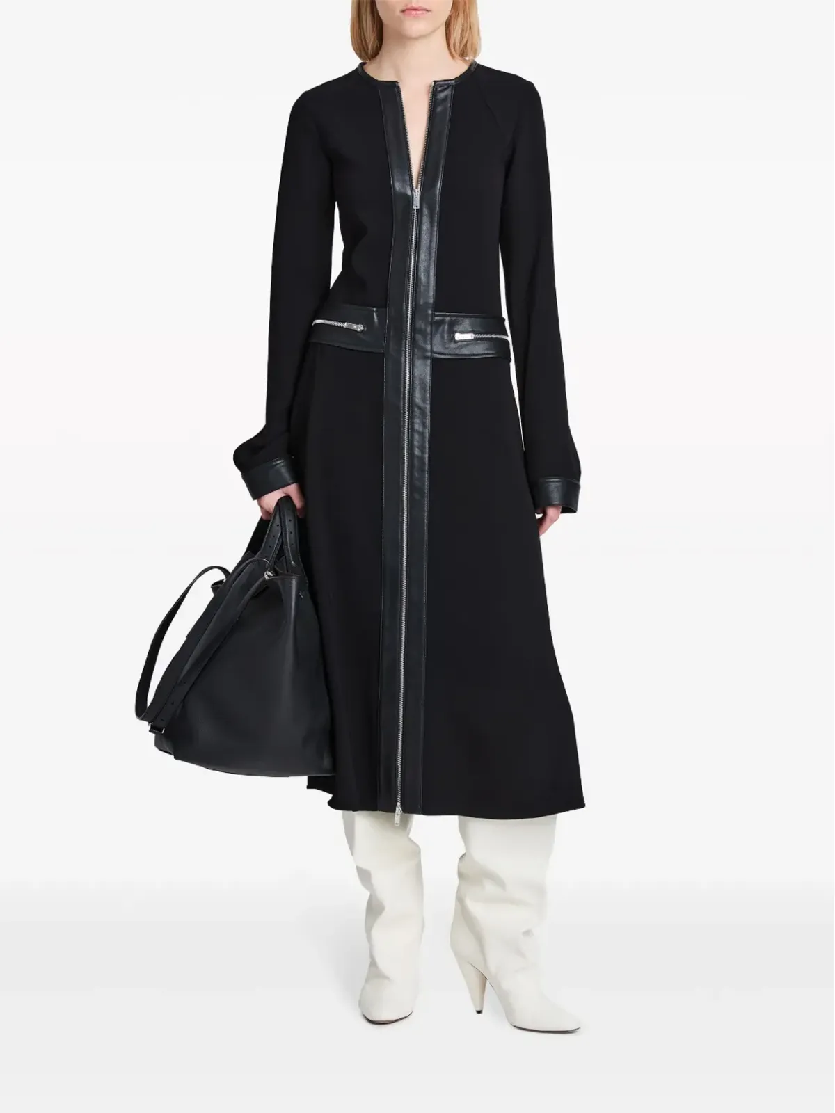 Proenza Schouler フェイクレザー トリム ロングスリーブ ミディドレス（ブラック） - 画像2