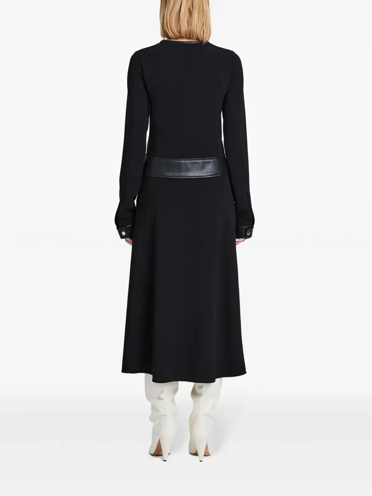 Proenza Schouler フェイクレザー トリム ロングスリーブ ミディドレス（ブラック） - 画像4