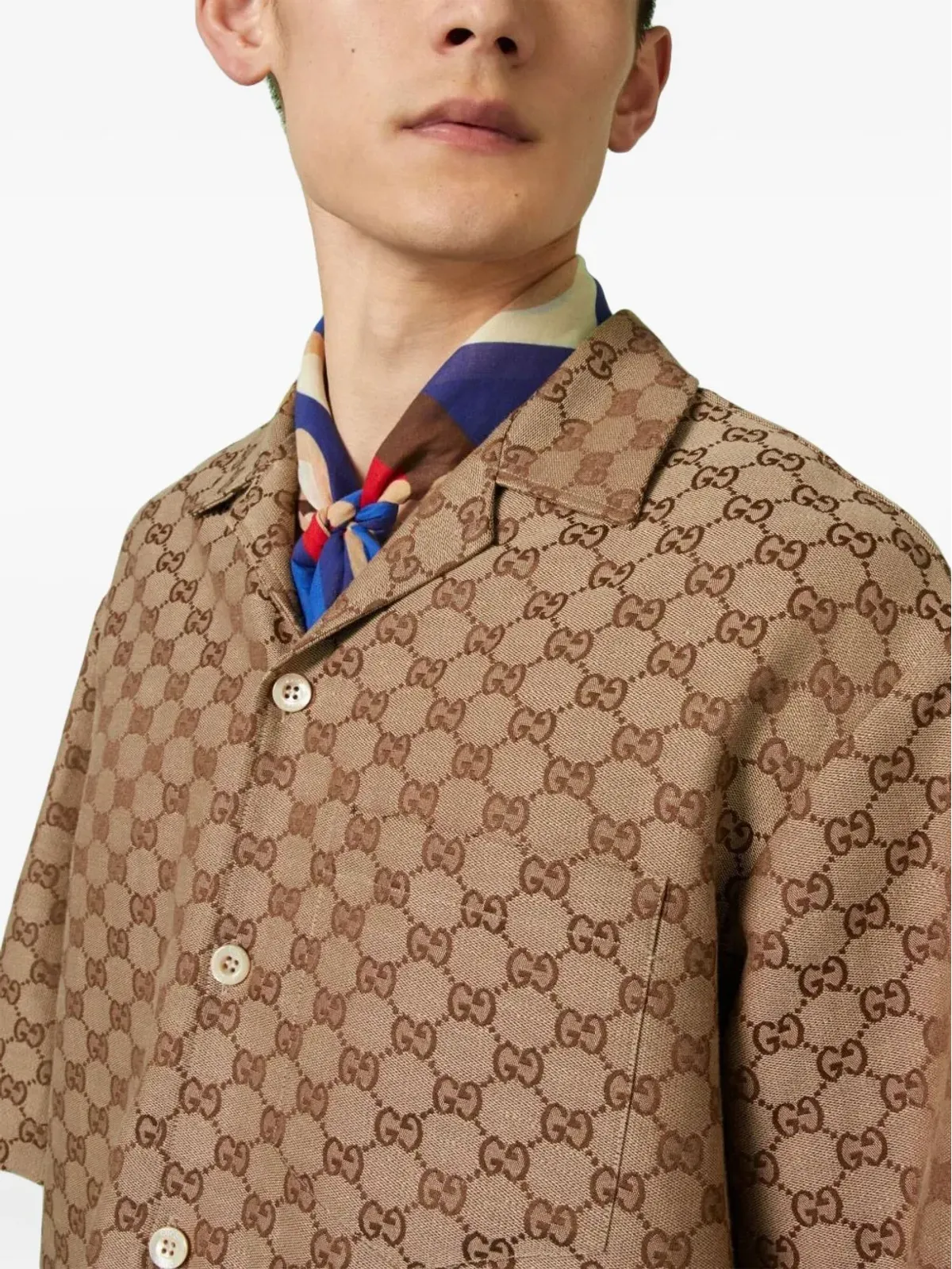 Gucci GGショートスリーブリネンシャツ ブラウン - 画像5