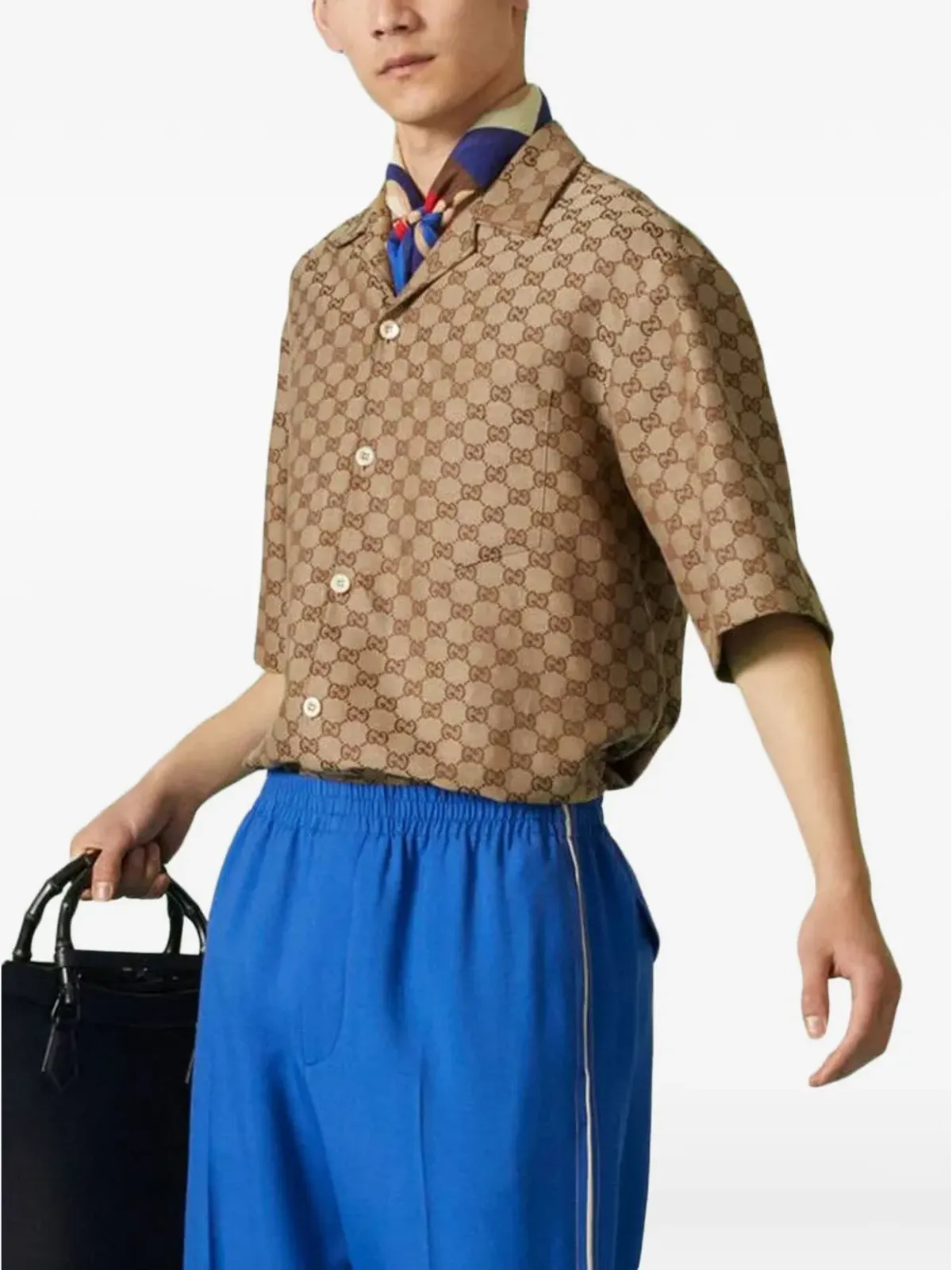 Gucci GGショートスリーブリネンシャツ ブラウン - 画像3