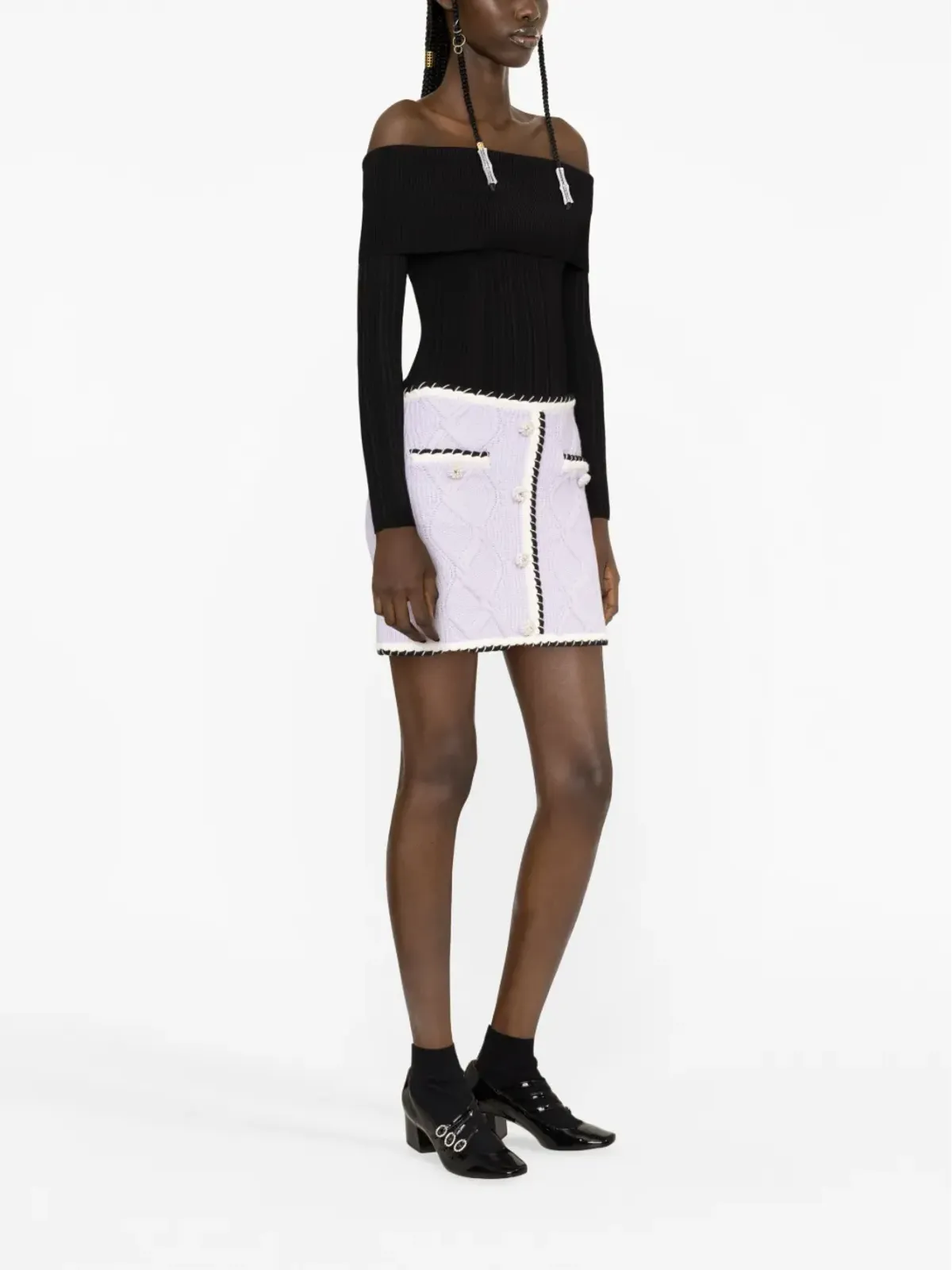 Self-Portrait コントラストトリム ケーブルニット ミニスカート - 画像3