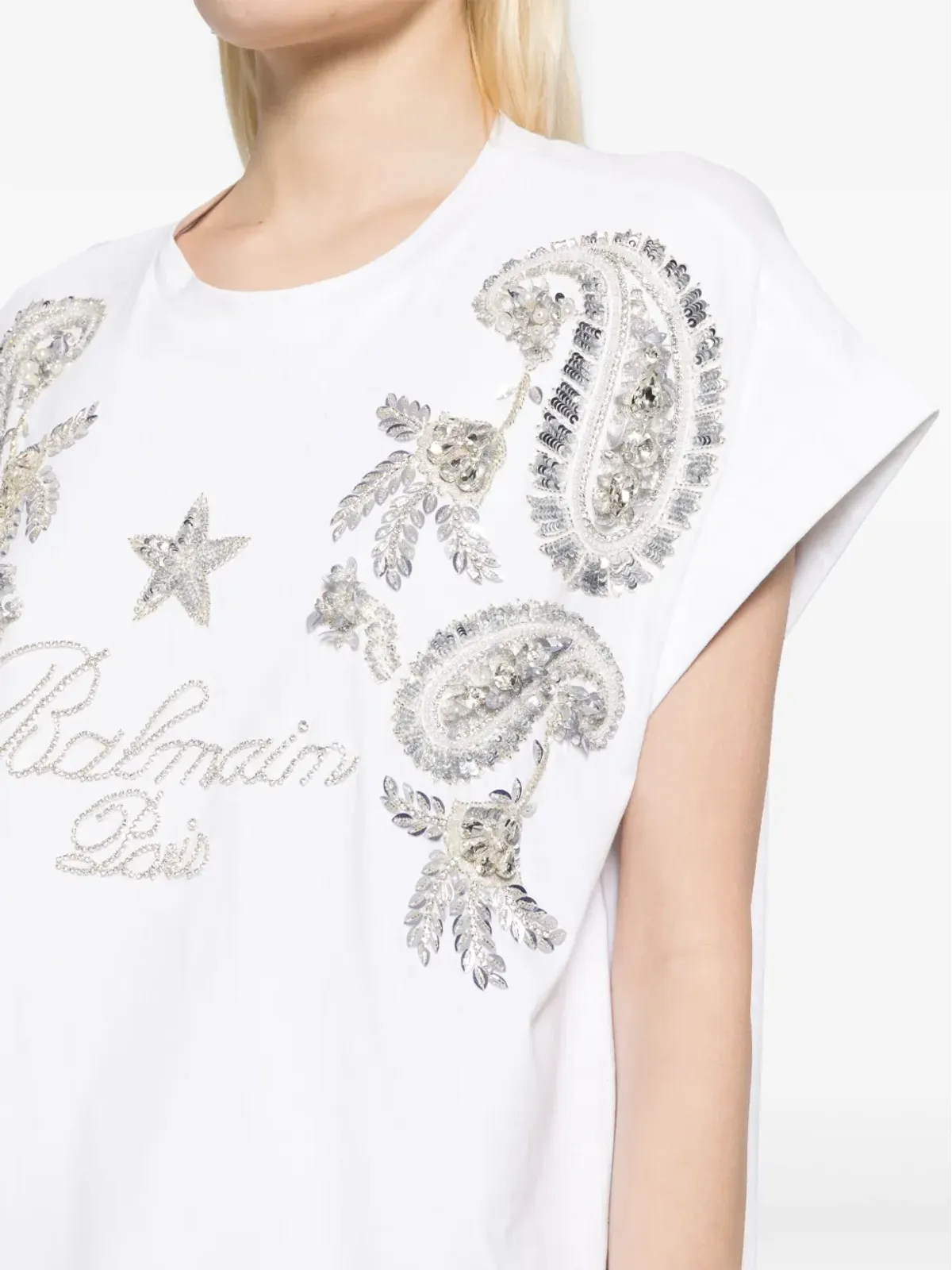 Balmain クリスタル装飾 コットン Tシャツ - 白 - 画像5