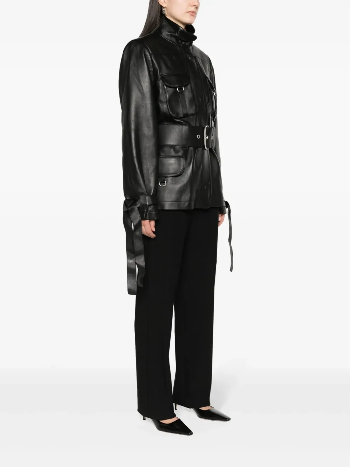 Off-White コ Cargo ベルト付きレザージャケット - ブラック - 画像3
