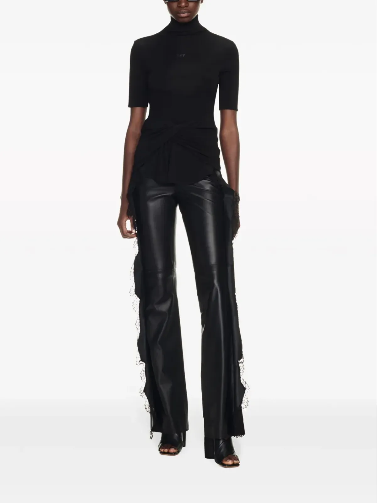 Off-White lace-trim leather trousers - Black - 画像2