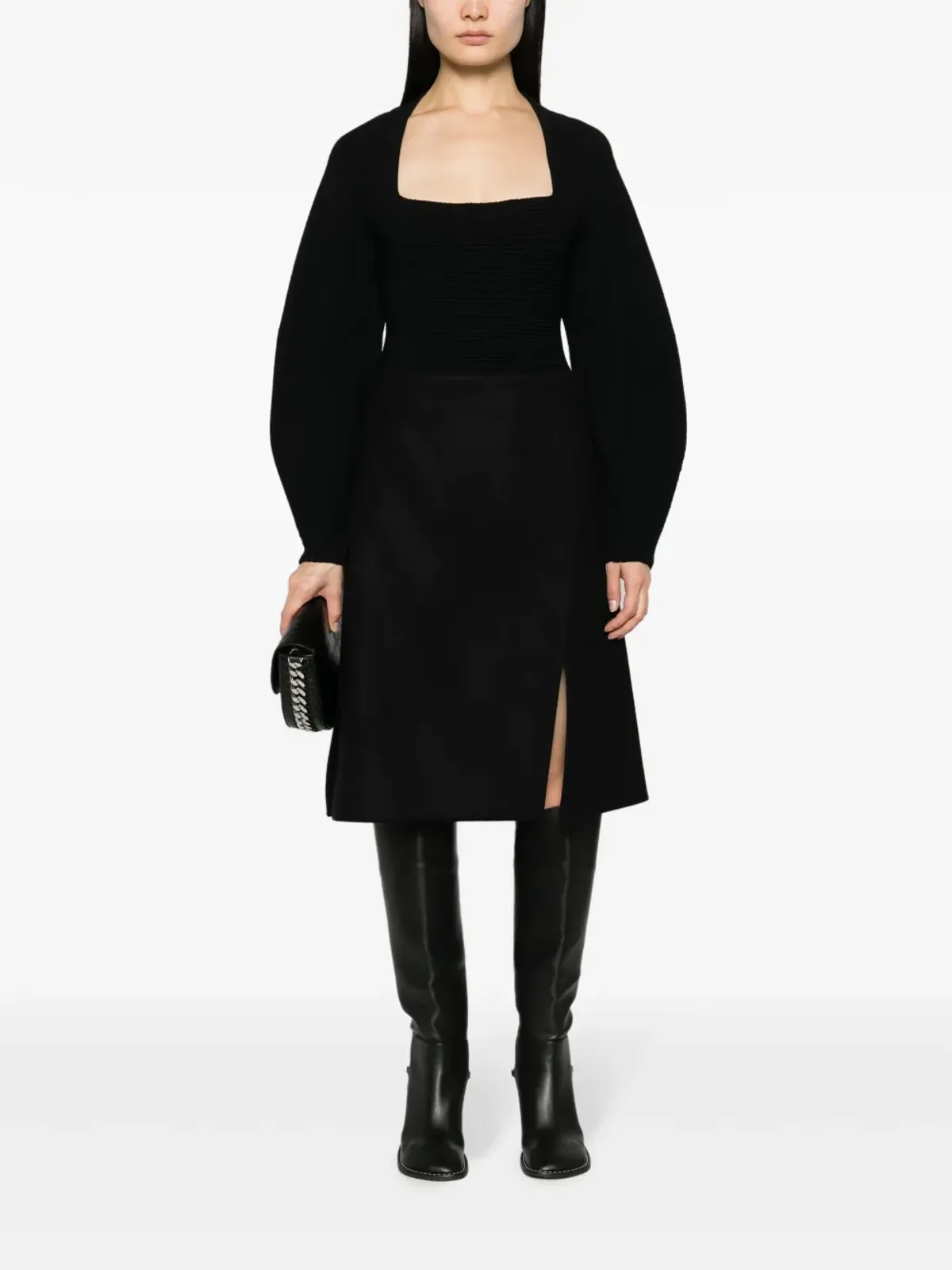 Stella McCartney 前スリット入りフェルト加工のAラインスカート（ブラック） - 画像2