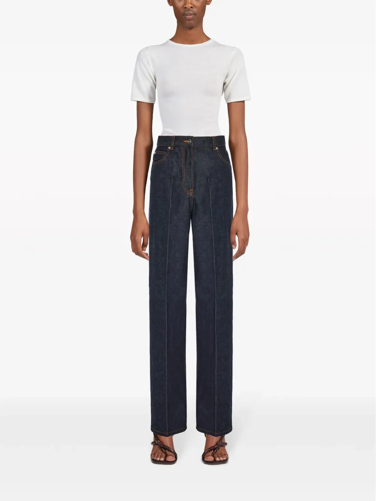 Ferragamo ロゴアップリケ コントラストステッチ ワイドレッグジーンズ ブルー - 画像2