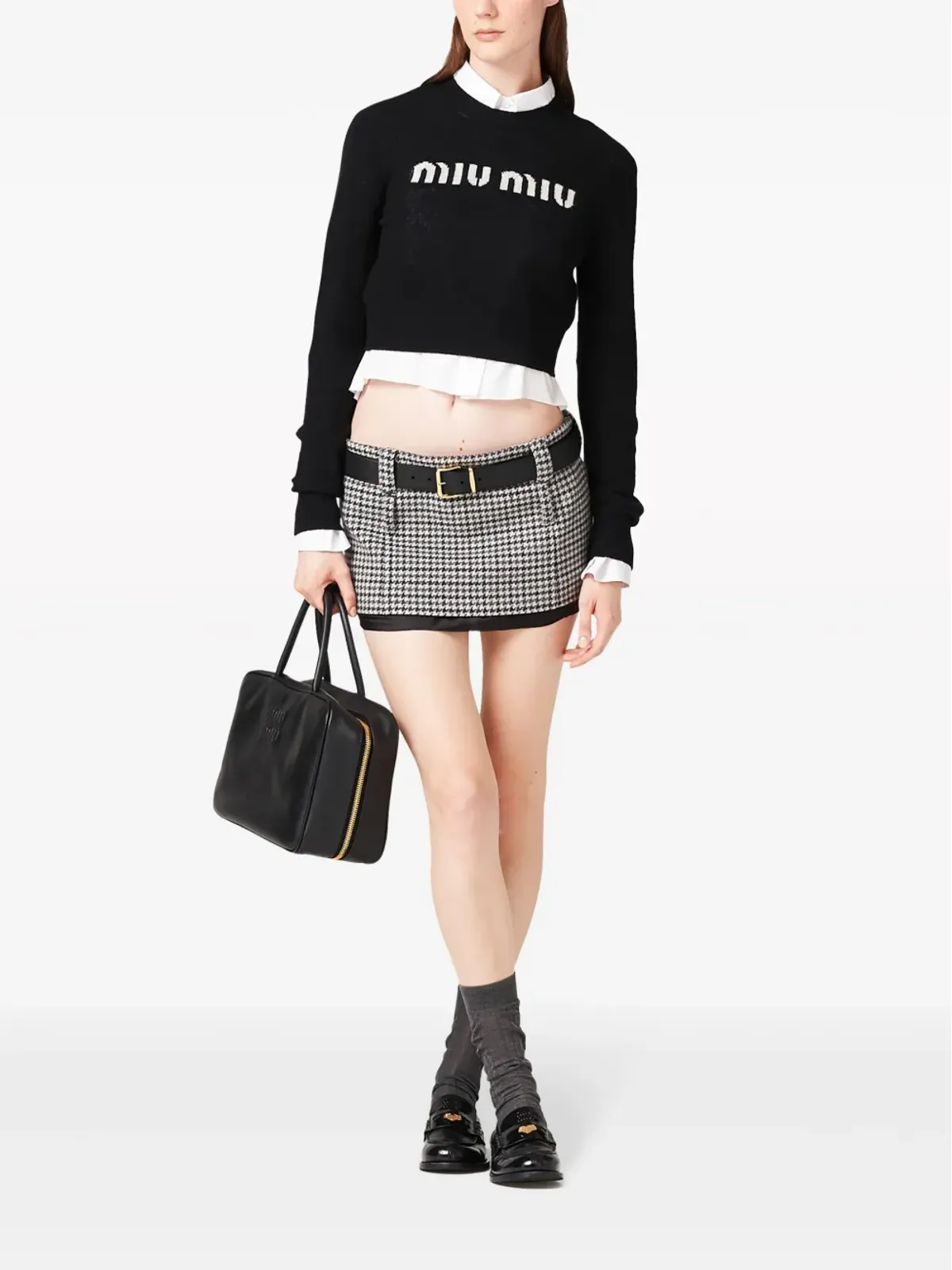Miu Miu ロゴ入りインターシャカシミヤジャンパー ブラック - 画像2
