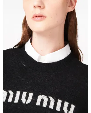 Miu Miu ロゴ入りインターシャカシミヤジャンパー ブラック - サムネイル3