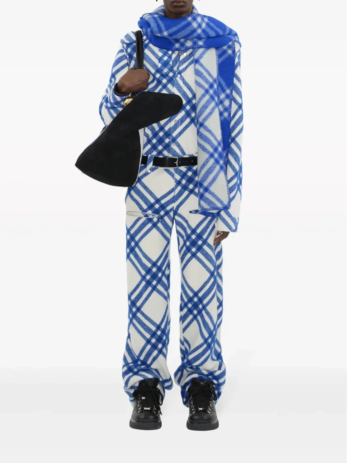 Burberry チェック柄ウールスカーフ ブルー - 画像2