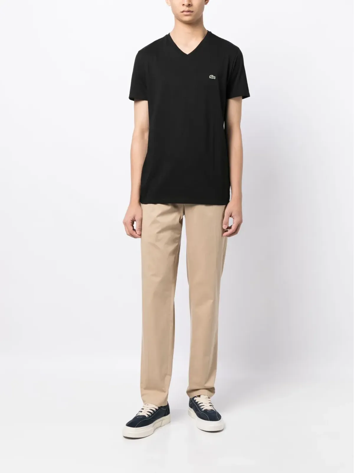 Lacoste ロゴパッチ Vネック コットン Tシャツ - 画像2