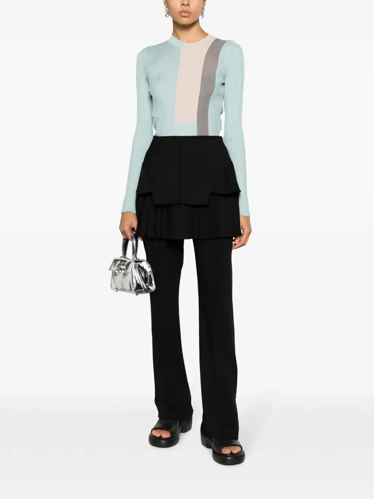 FENDI カラーブロック リブ編み シルク混紡トップス - ブルー - 画像2