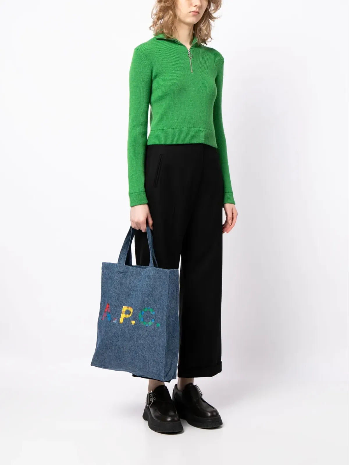 A.P.C. ロゴプリント デニム トートバッグ ブルー - 画像2
