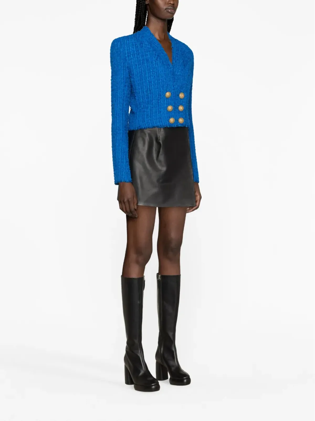 Balmain ダブルブレスト クロップド ツイード ジャケット ブルー - 画像4