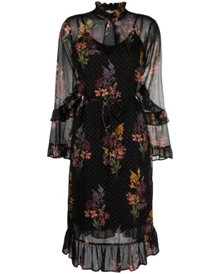 TWINSET ダブルレイヤー フローラルプリント ミディドレス ブラック - サムネイル1