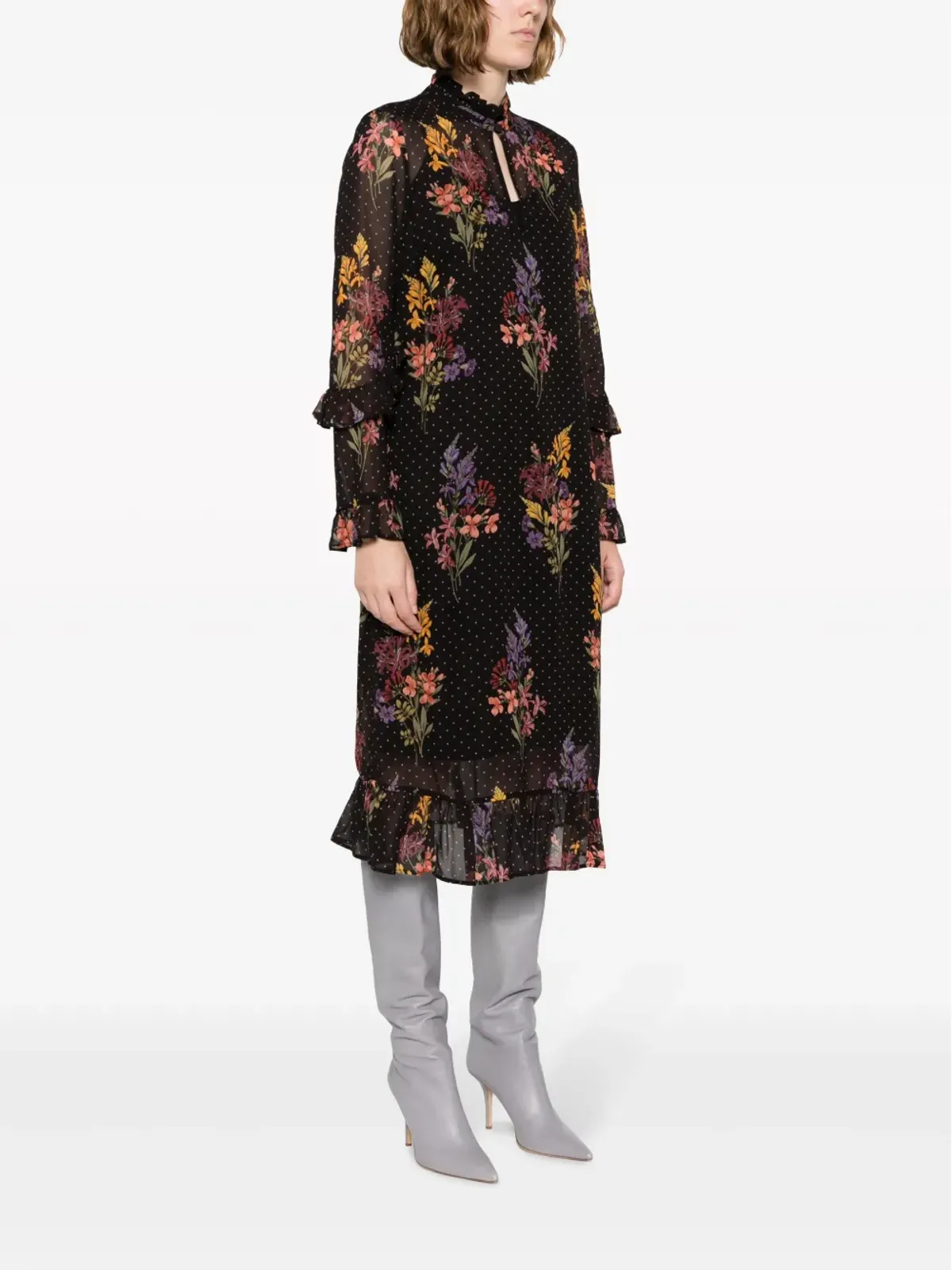 TWINSET ダブルレイヤー フローラルプリント ミディドレス ブラック - 画像3