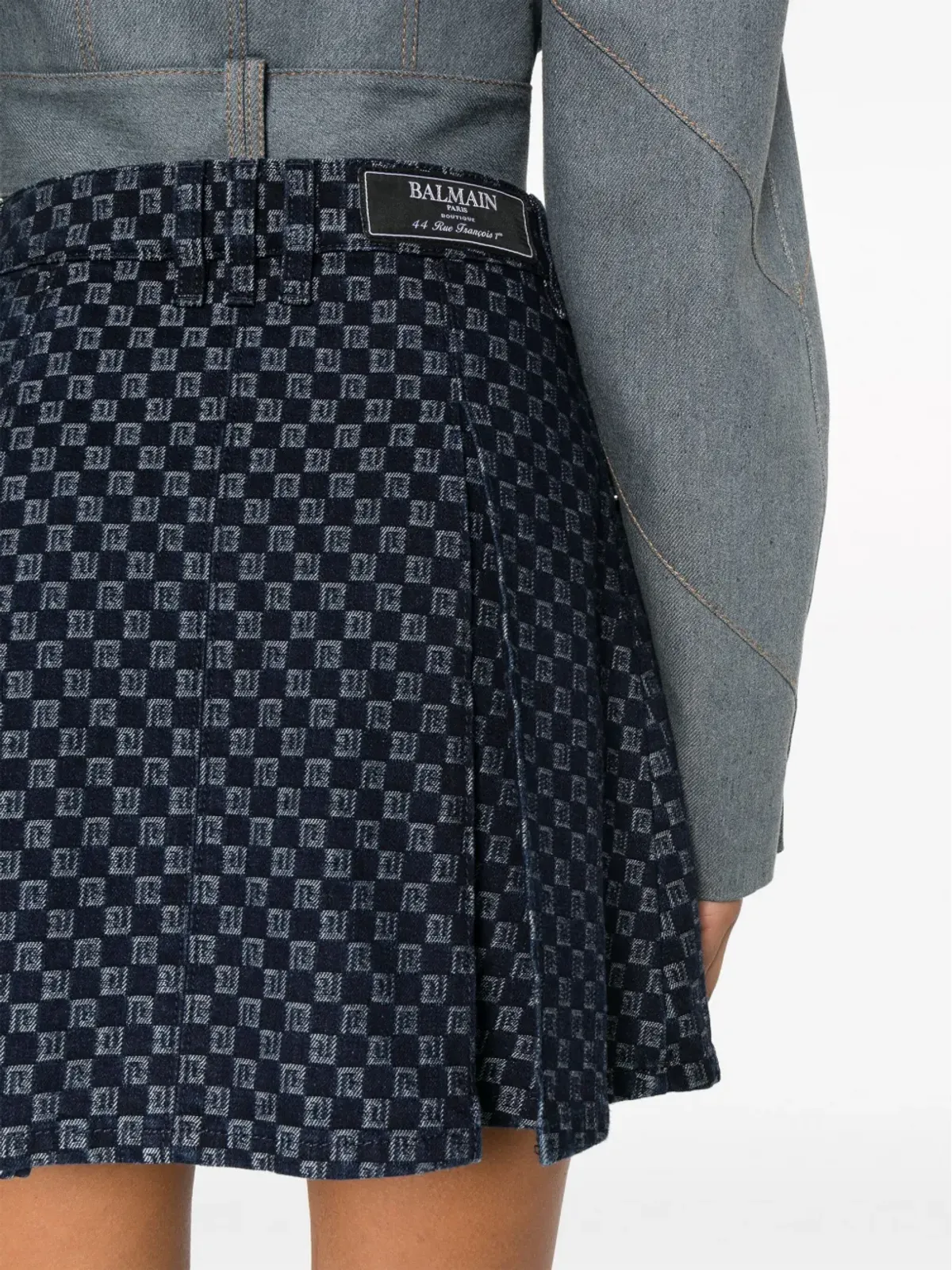 Balmain プリーツ入りモノグラムジャカード デニムミニスカート - ブルー - 画像5