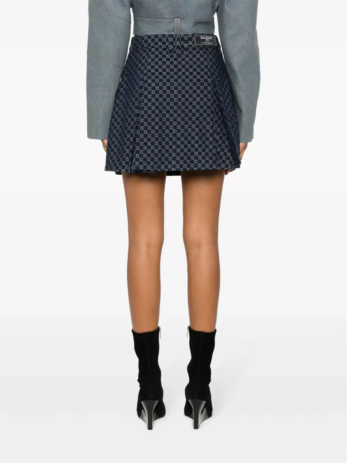 Balmain プリーツ入りモノグラムジャカード デニムミニスカート - ブルー - 画像4