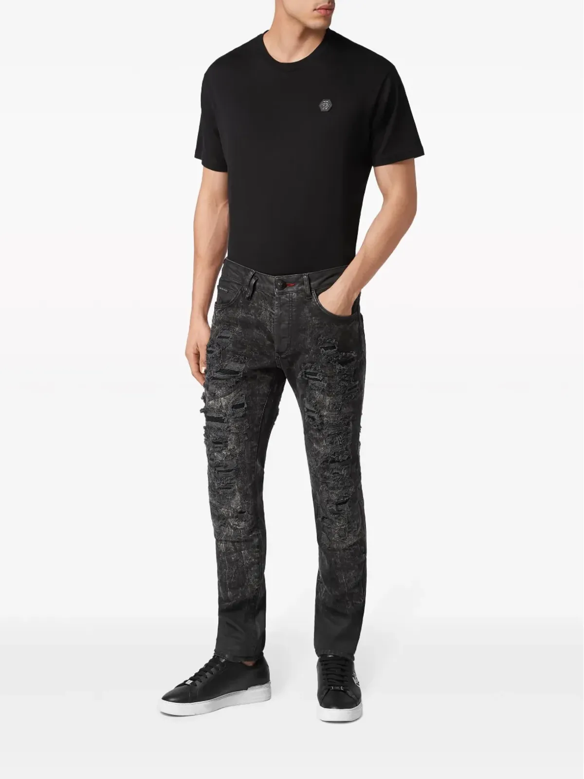 Philipp Plein ミッドライズ ダメージ加工デニム ブラック - 画像2