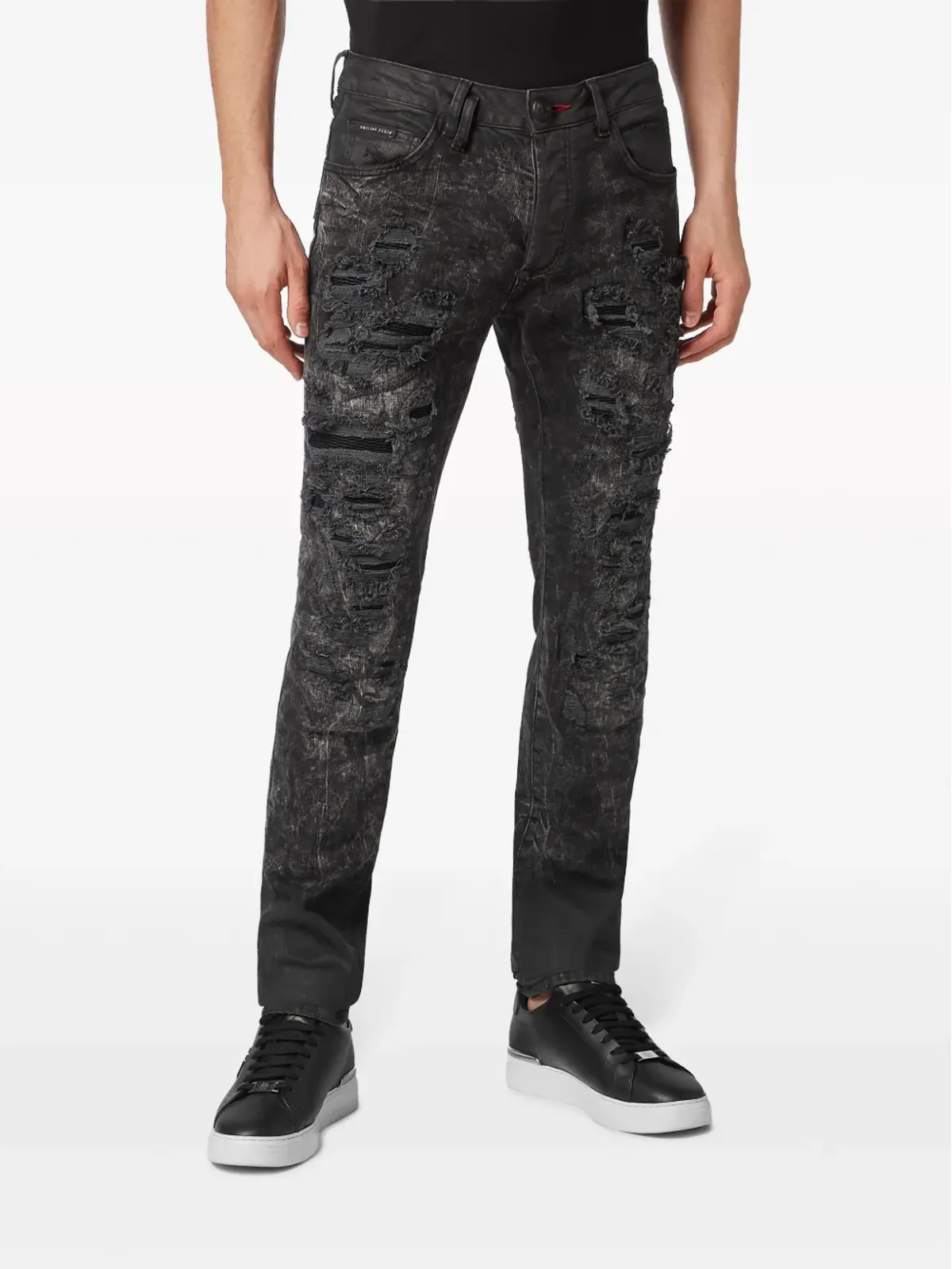 Philipp Plein ミッドライズ ダメージ加工デニム ブラック - 画像3