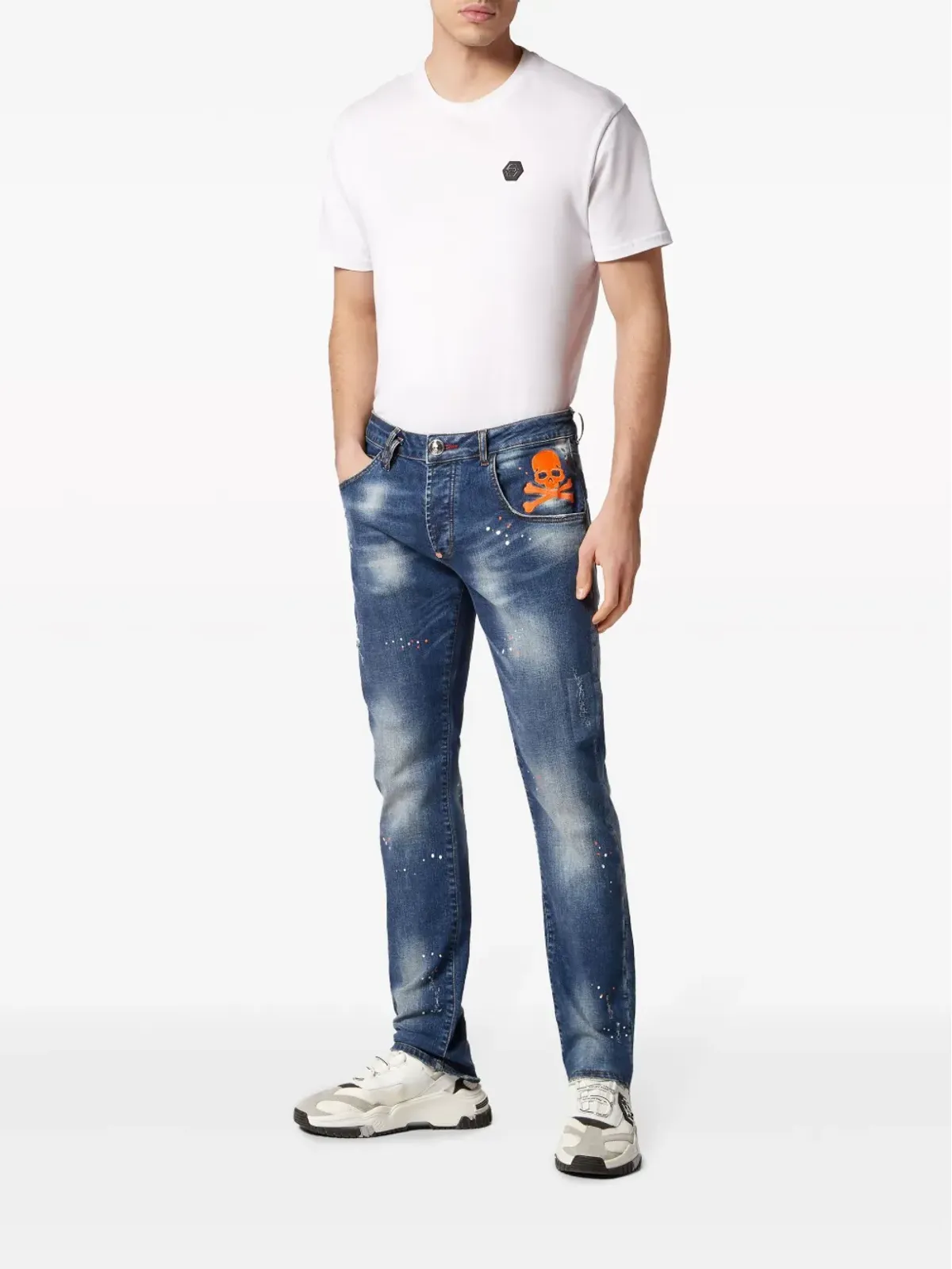Philipp Plein スカルペイント・スプラッター入り ストレートジーンズ ブルー - 画像2