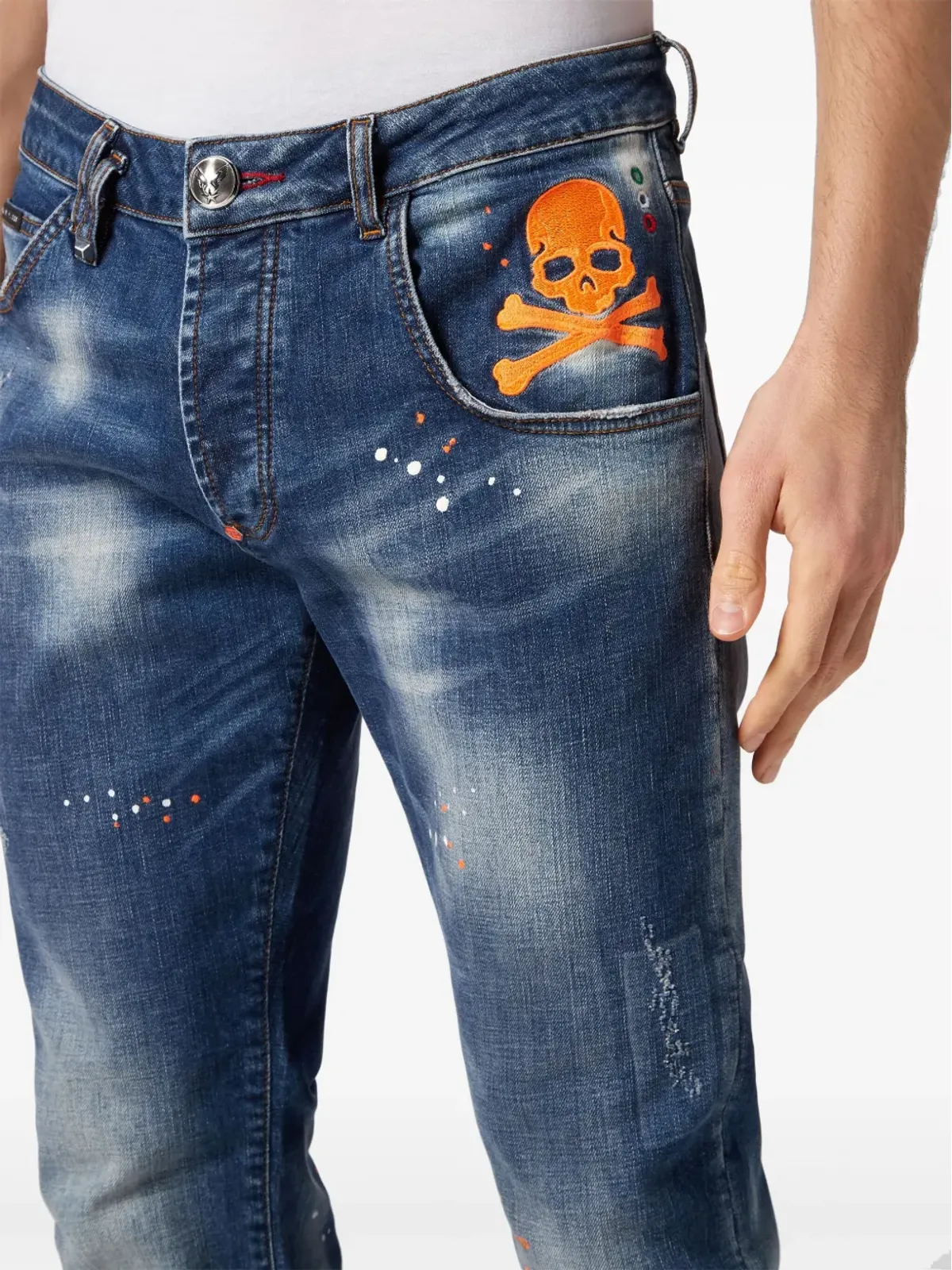 Philipp Plein スカルペイント・スプラッター入り ストレートジーンズ ブルー - 画像4