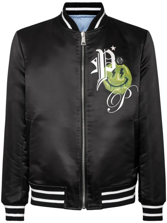 Philipp Plein Philipp Plein ロゴプリント サテン仕上げ リバーシブル ボンバージャケット - ブルーの商品画像