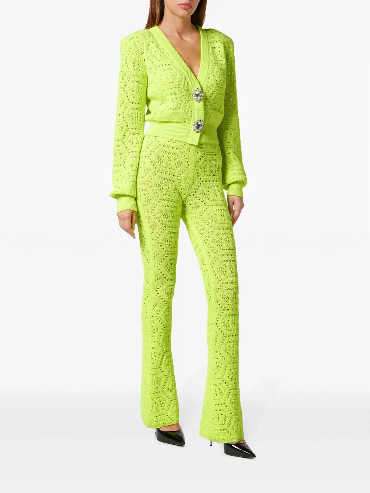 Philipp Plein モノグラム柄インターシャ クロップド カーディガン - イエロー - 画像2