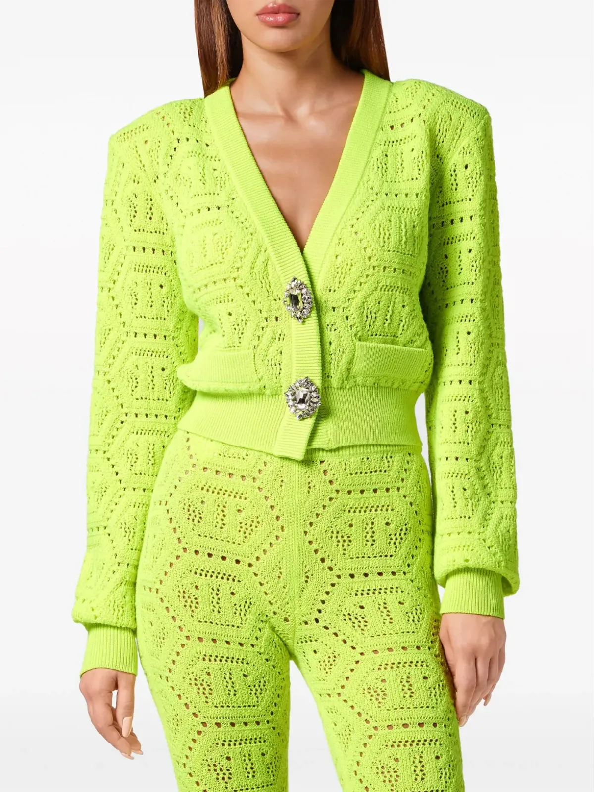 Philipp Plein モノグラム柄インターシャ クロップド カーディガン - イエロー - 画像3