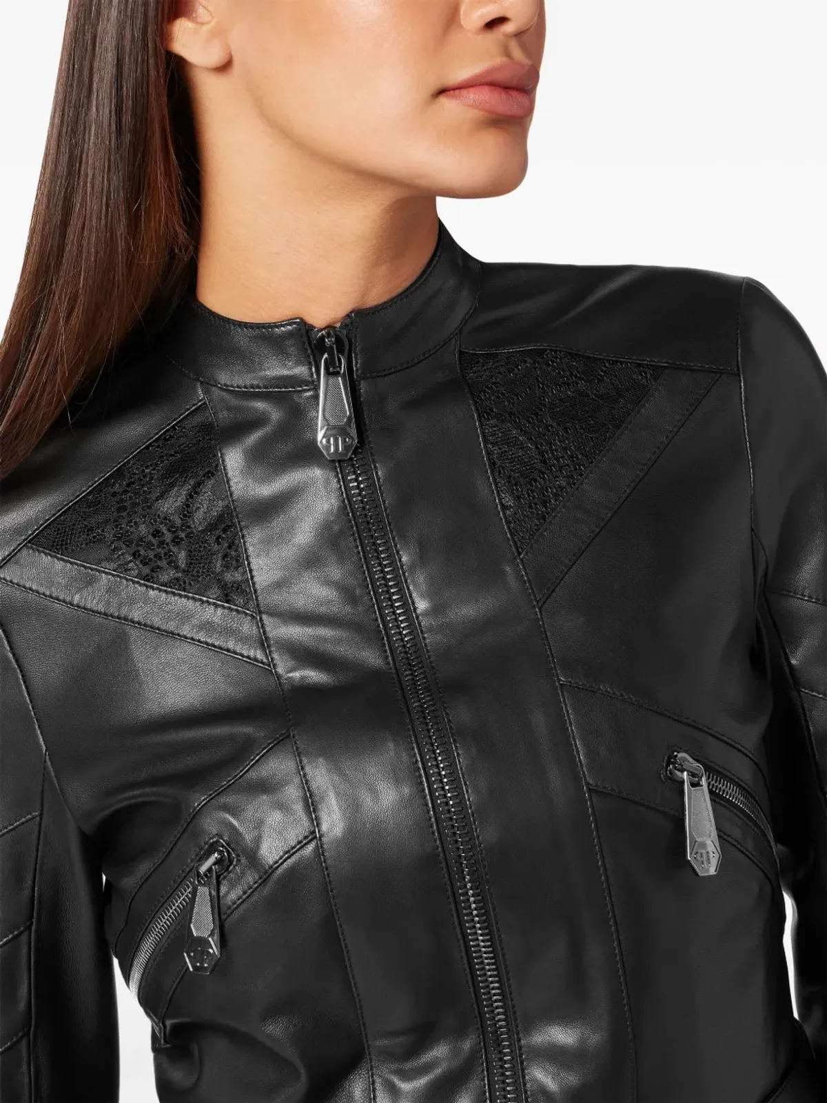 Philipp Plein レース装飾レザージャケット - ブラック - 画像5