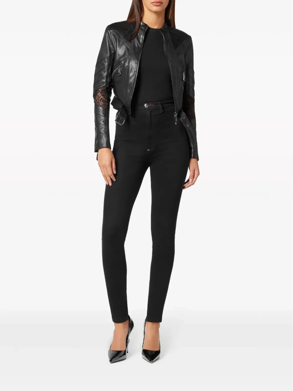 Philipp Plein レース装飾レザージャケット - ブラック - 画像2