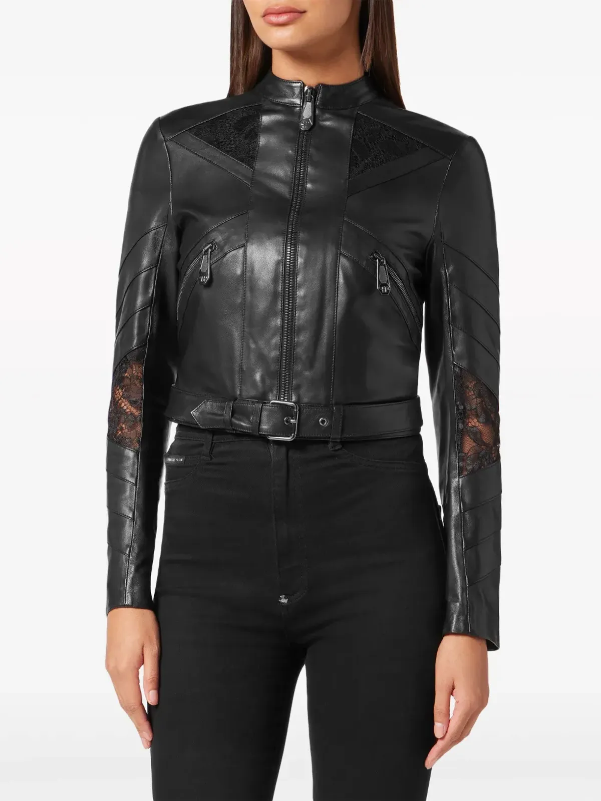 Philipp Plein レース装飾レザージャケット - ブラック - 画像3