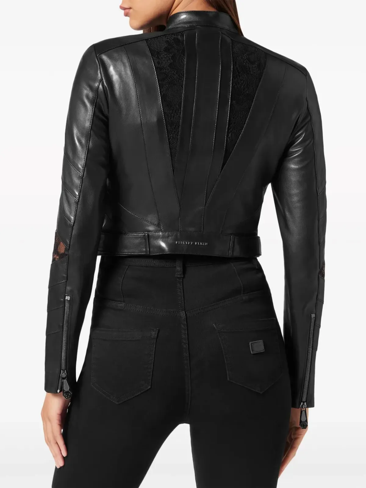 Philipp Plein レース装飾レザージャケット - ブラック - 画像4