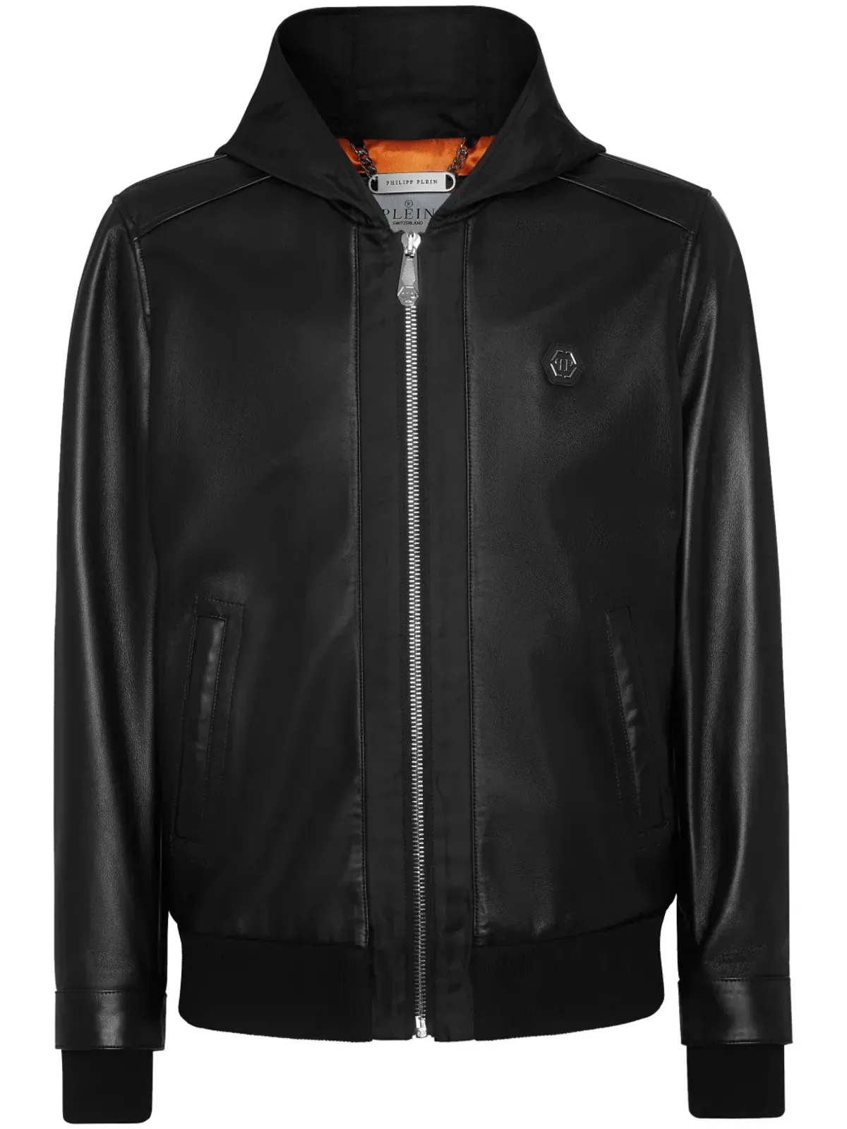 Philipp Plein レザーとサテンのフード付きボンバー ジャケット ブラック - 画像1