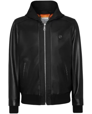 Philipp Plein レザーとサテンのフード付きボンバー ジャケット ブラック - サムネイル1
