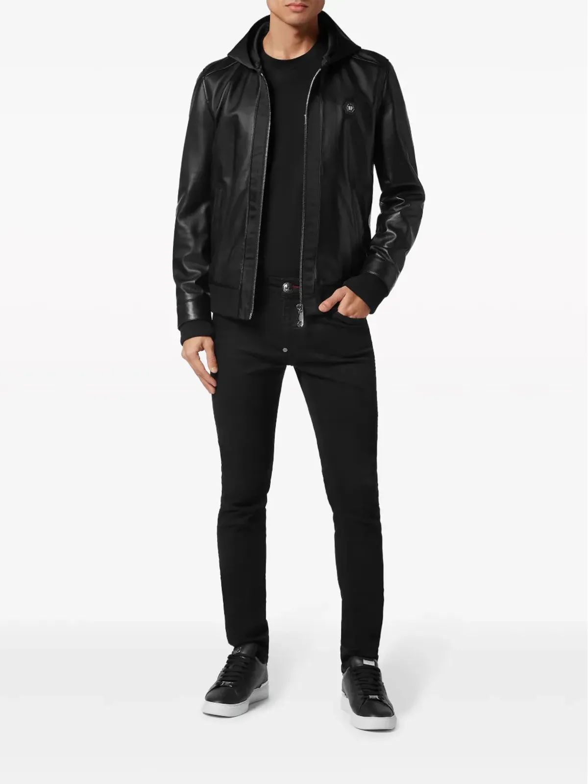 Philipp Plein レザーとサテンのフード付きボンバー ジャケット ブラック - 画像2